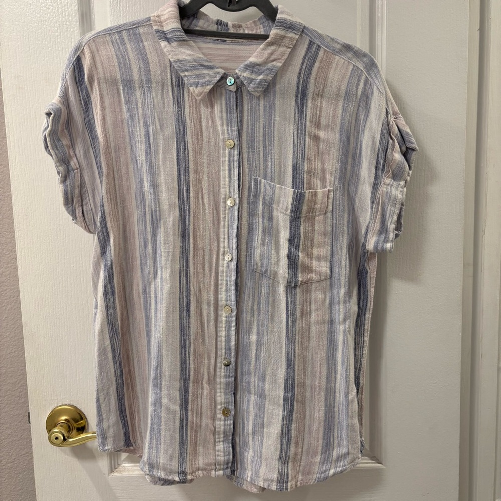 Linen Viscose Blend Striped Button Front Short Sleeve Camp Shirt size L
